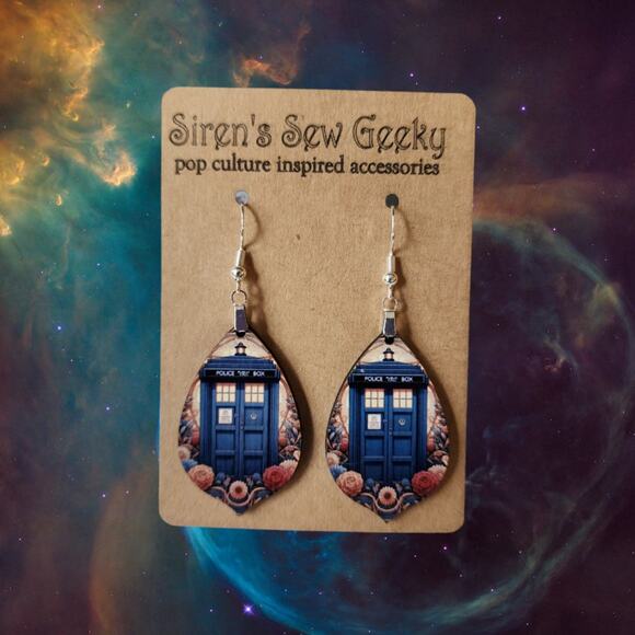 Floral TARDIS Earrings Dr Who - Picture 1 of 2